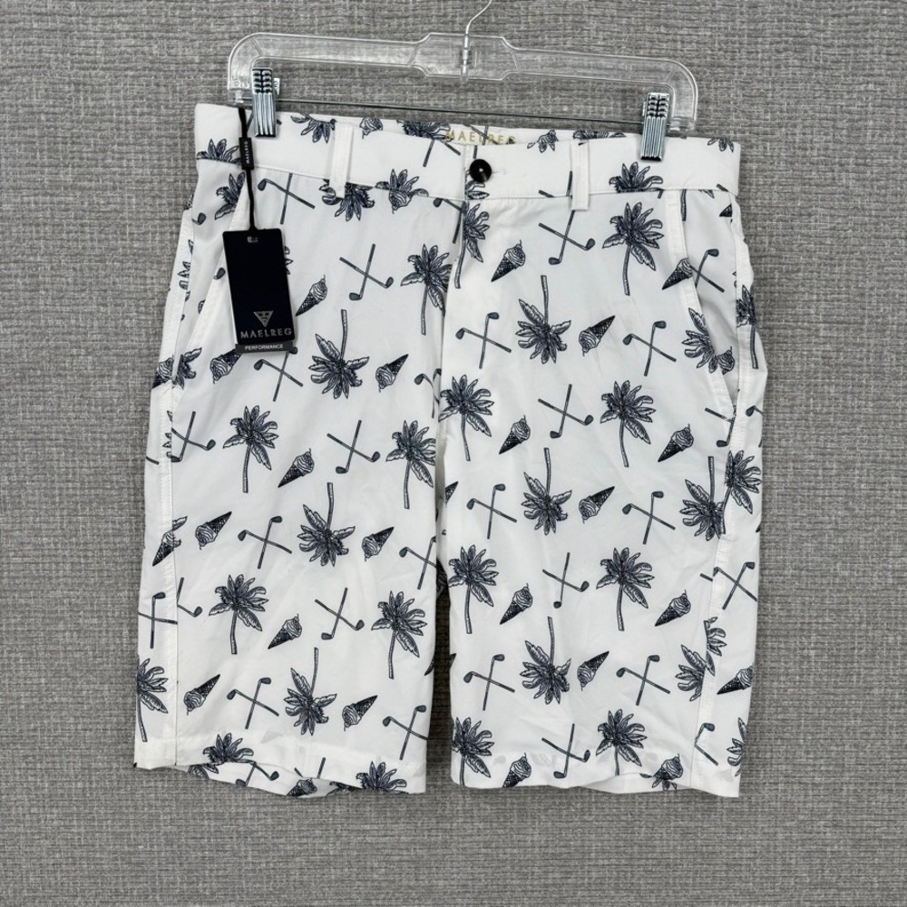 MAELREG Proflex Golf Shorts Men 32 White Hawaii Club Palm Tree Ice Cream Stretch